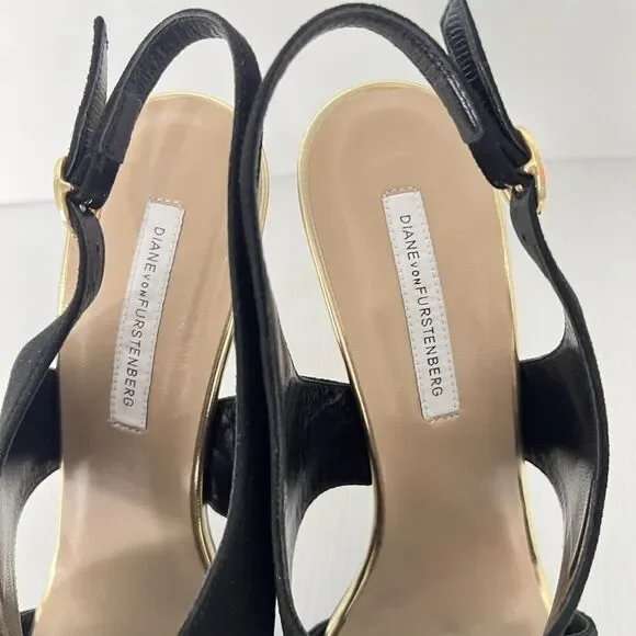 Diane von Furstenberg Vick Cross Sandals Size 9 Suede Leather Gold Heel Italy - Picture 5 of 9